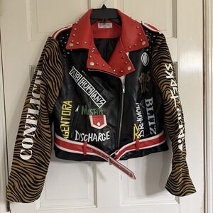 Swank A Posh Women's Studded Faux Leather Graphic Print Moto Jacket Size XL
